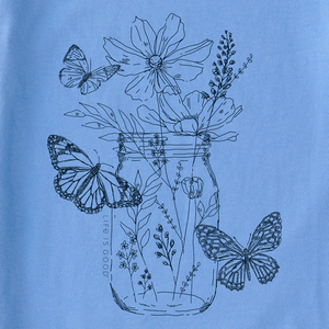 Life is Good. Women's Wildflower and Butterflies Jar Long Sleeve Crusher Vee, Cornflower Blue