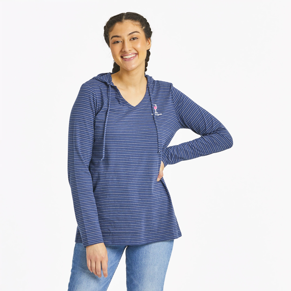 Life is Good. Women's Wine Glass Long Sleeve Striped Crusher-LITE Hooded Tee, Darkest Blue