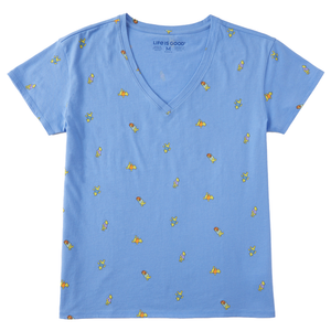 Life is Good. Women's Winnie Ditsy Allover Print Vee-Neck T-Shirt, Cornflower Blue