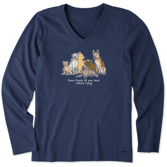 Life is Good. Women's Winnie Friends Fill Your Heart Long Sleeve Crusher Vee, Darkest Blue