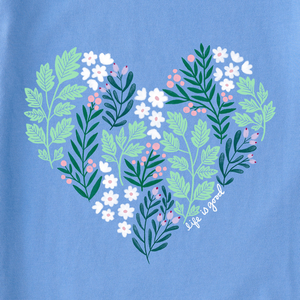 Life is Good. Women's Winter Flowers Heart Long Sleeve Crusher Vee, Cornflower Blue