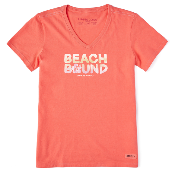 Life is Good. Women's Wordsmith Beach Bound Hibiscus Short Sleeve Crusher Lite Vee, Mango Orange