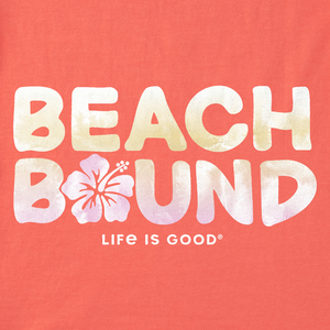 Life is Good. Women's Wordsmith Beach Bound Hibiscus Short Sleeve Crusher Lite Vee, Mango Orange