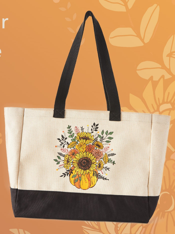 Life is Good. Fall Pumpkin Flower Canvas Tote, Bone