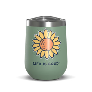 Life Is Good Vintage Sunflower Stainless Steel Wine Tumbler 12oz, Moss Green