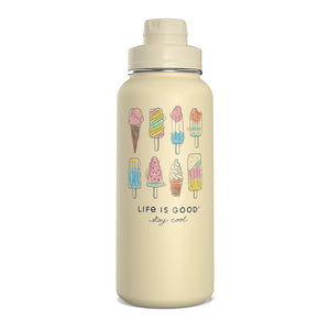 Life Is Good Watercolor Ice Cream & Popsicles Stainless Steel Water Bottle 32oz, Putty White