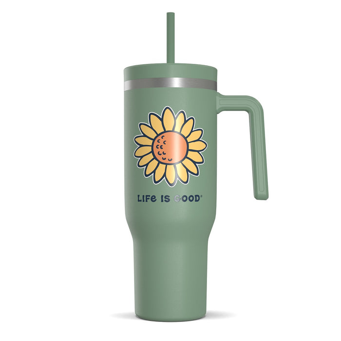 Life Is Good Vintage Sunflower Stainless Steel Tumbler With Straw 40oz, Moss Green