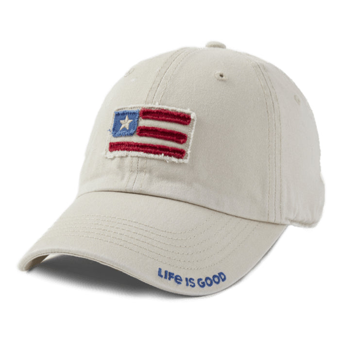 Life is Good. Tattered Chill Cap American Flag, Bone White