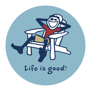 Life is Good. 4" Circle Sticker Vintage Adirondack Jake, Beach Blue