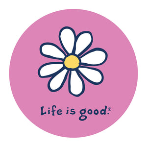Life is Good. 4" Circle Sticker Vintage Daisy, Happy Pink