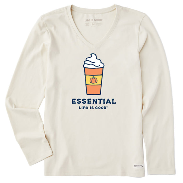 Life Is Good. Women's Pumpkin Spice Latte Is Essential Long Sleeve Crusher Vee, Putty White