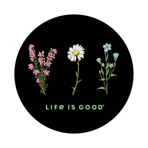 Life is Good. 4" Circle Sticker Detailed Wildflowers, Jet Black