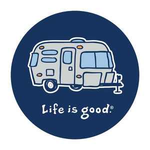 Life is Good. 4" Circle Sticker Happy Camper, Darkest Blue