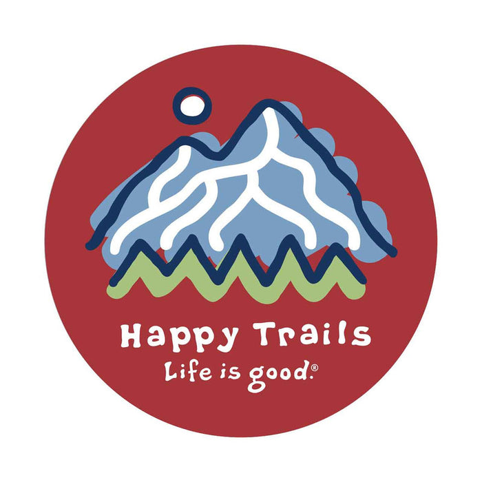 Life is Good. 4" Circle Sticker Trails Mountain, Faded Red