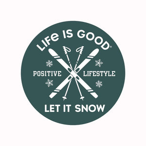 Life is Good. 4" Circle Sticker Let It Snow Ski, Spearmint Green