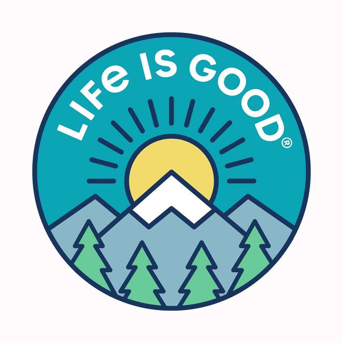 Life is Good. 4" Circle Sticker Lig Mountain Sun, Island Blue