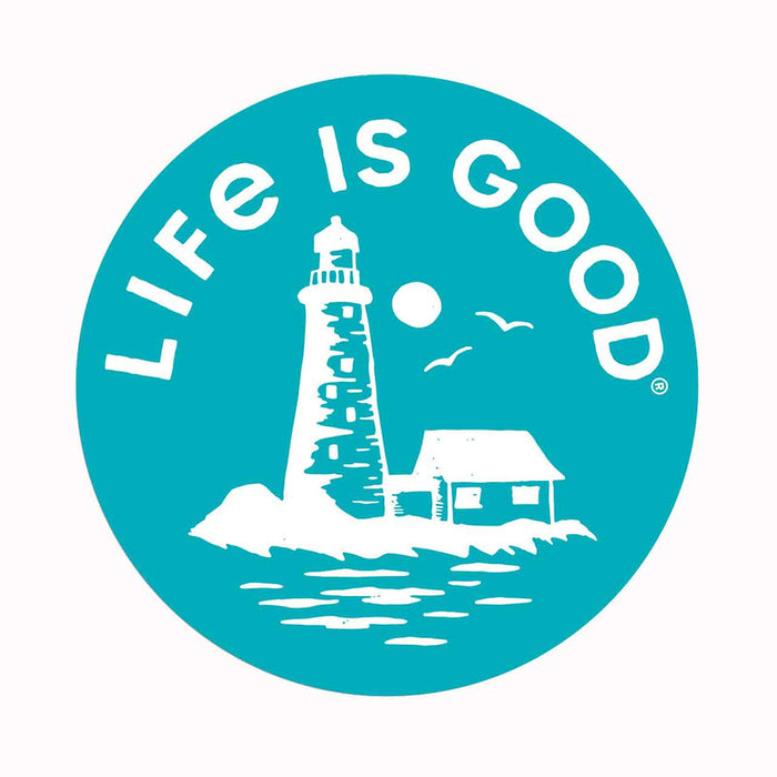 Life is Good. 4" Circle Sticker Lighthouse Sea, Island Blue