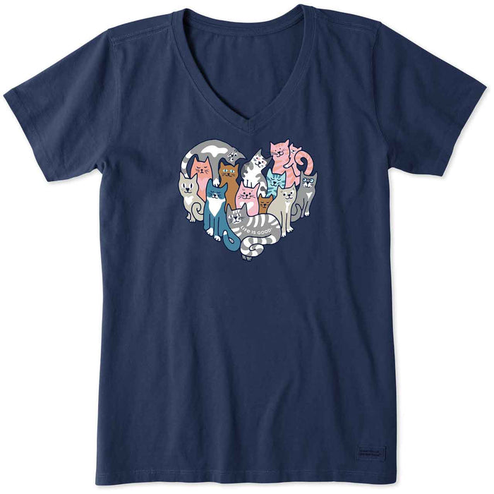 Life is Good. Women's Heart of Cats Crusher Vee, Darkest Blue