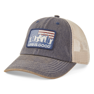 Life is Good. Flag Mountain Old Favorite Trucker Hat, Darkest Blue