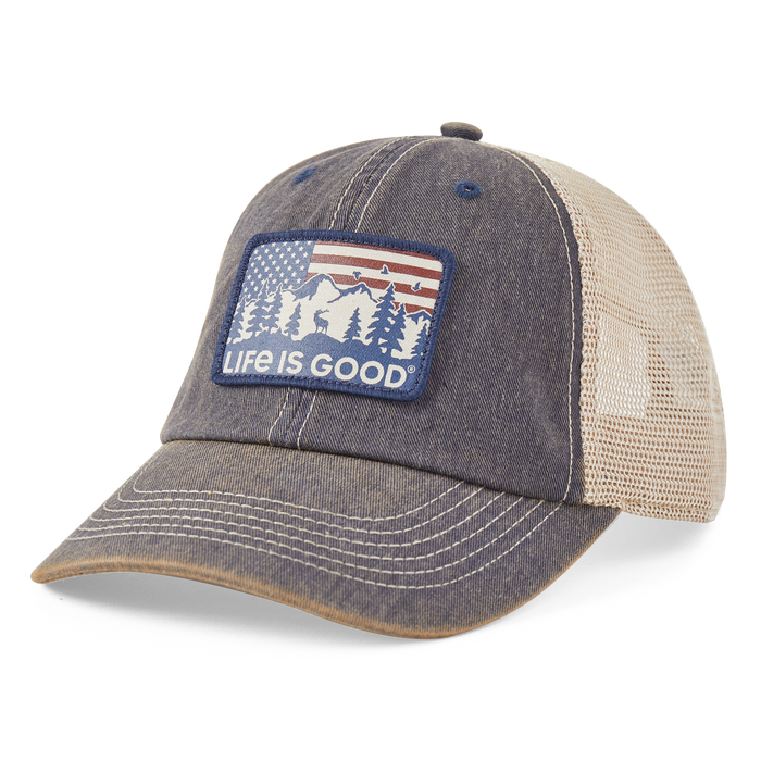Life is Good. Flag Mountain Old Favorite Trucker Hat, Darkest Blue