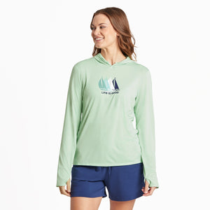 Life is Good. Women's LIG Sailboats LS Hooded Active Tee, Sage Green