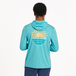 Life Is Good. Men's Sunset On The Water LS Hoodie Active Tee, Island Blue