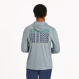 Life Is Good. Men's Linear LIG Stack LS Hoodie Active Tee, Smoky Blue