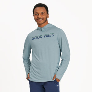 Life Is Good. Men's Linear LIG Stack LS Hoodie Active Tee, Smoky Blue