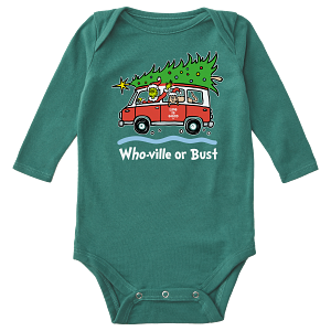 Life is Good. Grinch and Max Who-Ville Or Bust LS Crusher Baby Bodysuit, Spruce Green