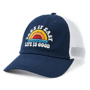 Life is Good. Take It Easy Rainbow Meshback Hat, Darkest Blue