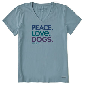 Life is Good. Women's Peace Love Dogs SS Crusher Vee, Smoky Blue