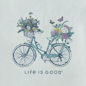 Life is Good. Women's Bike Flower Baskets SS Crusher Vee, Fog Gray