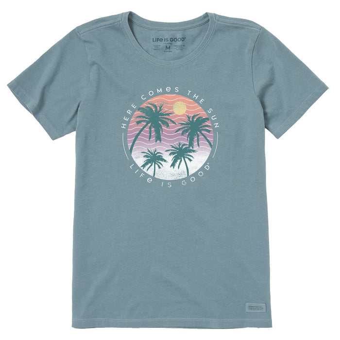 Life is Good. Women's Here Comes The Sun Palms SS Crusher-Lite Tee, Smoky Blue