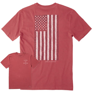 Life is Good. Men's Vertical USA Flag Hand Drawn SS Crusher Tee, Faded Red