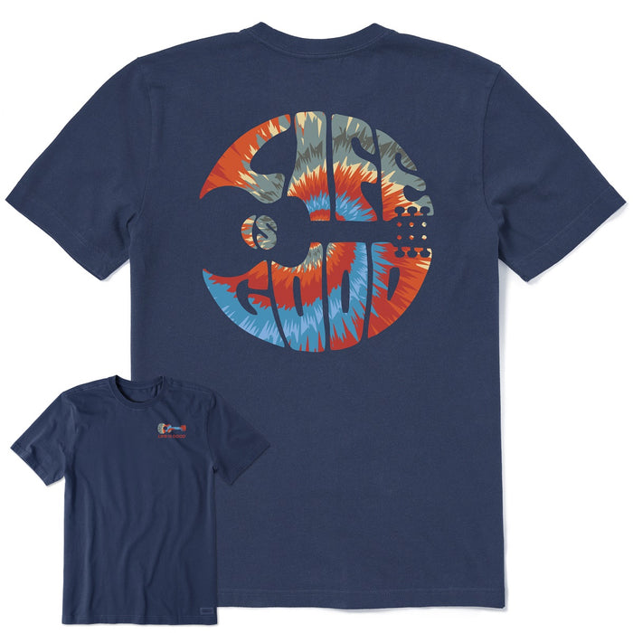 Life is Good. Men's Guitar Circle Psychedelic Tie Dye SS Crusher Tee, Darkest Blue