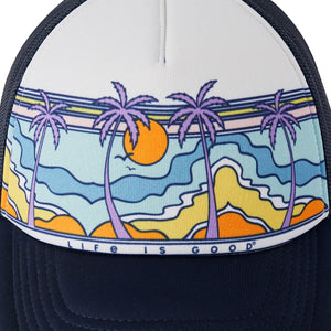 Life is Good. Retro Palms Trucker Hat, Darkest Blue