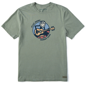 Life is Good. Men's Play More Worry Less Jake Guitar Crusher Tee, Moss Green