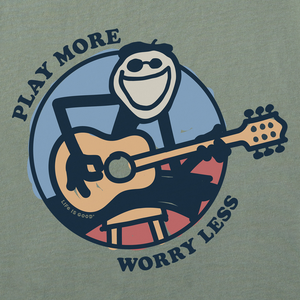 Life is Good. Men's Play More Worry Less Jake Guitar Crusher Tee, Moss Green