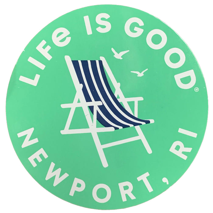 Life is Good. 4" Circle Sticker Beach Chair Newport RI, Spearmint Green
