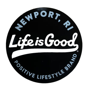 Life is Good. 4" Circle Sticker Ballyard Script Newport, Jet Black