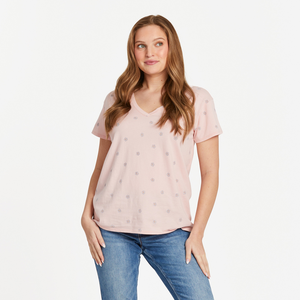 Life is Good. Women's Daisy Ditsy Allover Print Vee T-shirt, Himalayan Pink