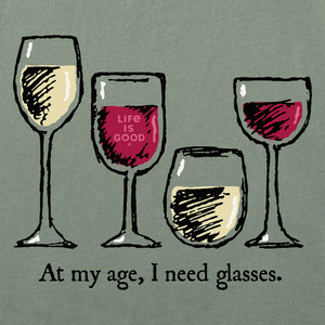Life is Good. Women's I Need Wine Glasses Crusher Tee, Moss Green